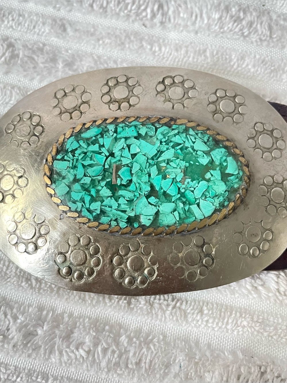 Vintage Moroccan Braided Leather Belt with Turquoise Inlaid Silver Buckle